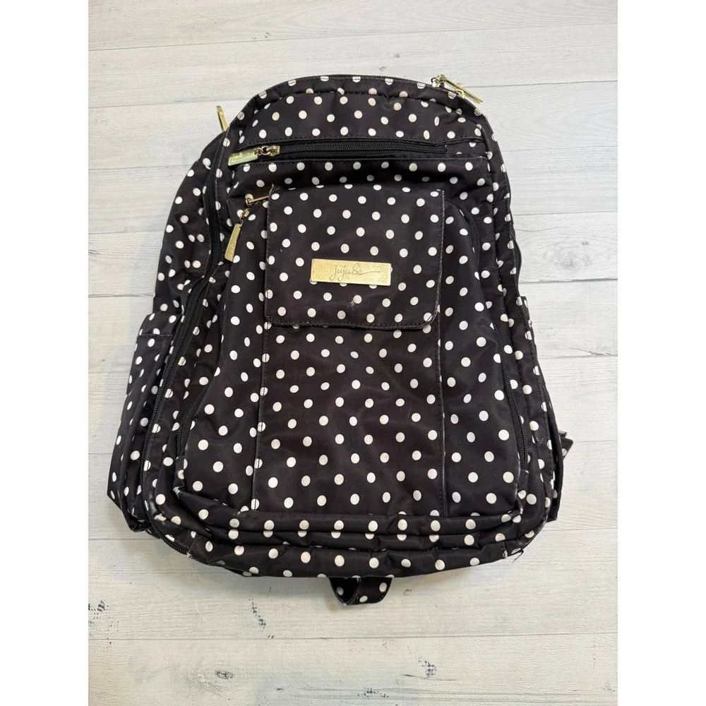 Jujube Be Right Back backpack diaper bag duchess print black and white polka dot